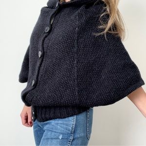 Benetton Chunky Knit Wool Alpaca Button Front Hooded Poncho Sweater Charcoal